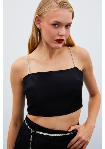 Sateen Taş Askılı Saten Crop Bluz - Siyah-134980 Siyah