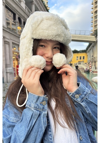 Mollycrush Genç Beyaz Peluş Pilot Şapka Uniseks Kışlık Ushanka Tarzı Bej