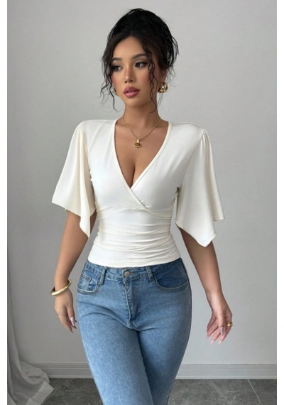 Kadın Kruvaze Yaka Yarasa Kol Likralı Şık T-shirt Beyaz