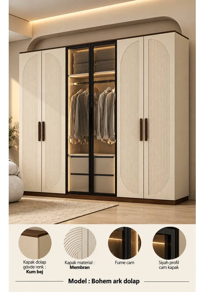 Free Home Bohem Ark Kum Beji Mdf Gardırop Elbise Dolabı 240x218x57 Kumbeji