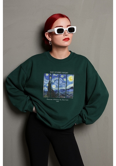 Uyguntarz Unisex The Starry Night Baskılı Oversize Sweatshirt Yeşil