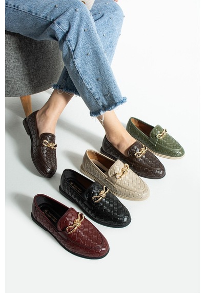 Lebibe Shoes Maby Kadın Siyah Örgü Dokulu Zincir Detaylı Loafer Düz Ayakkabı Babet