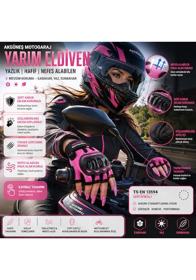Akgüneş Motogaraj Pembe Motosiklet Eldiveni Yazlık Hava Alan Korumalı Dokunmatik Uyumlu Kadın Motosiklet Eldiveni