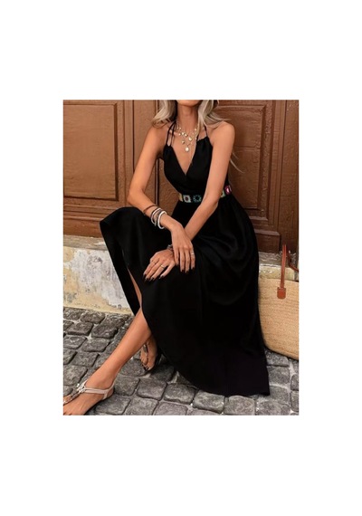 Butik İstanbul Kadın Askılı Kruvaze Yakalı Belden Etnik Desenli Uzun Viskon Elbise Siyah