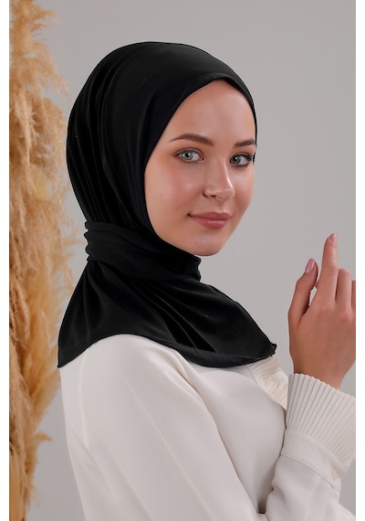 Melodi Scarf Kadın Tesettür Pratik Çıtçıtlı Sandy Fular Hazır Deniz Havuz Uyumlu Şal Siyah Siyah