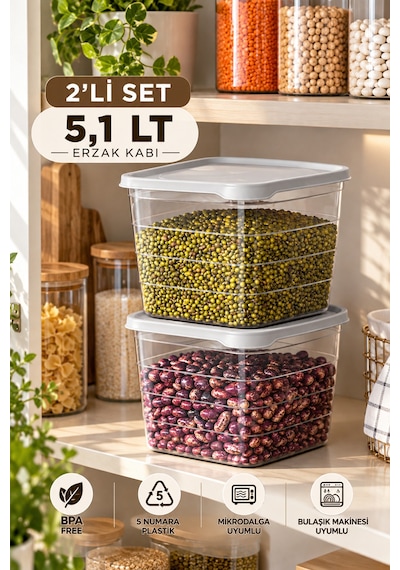 Porsima 0975 2'li Kare Erzak Saklama Kabı Seti 5,1 Lt Cool Gri - Şeffaf Bakliyat, Deterjan & Mutfak Düzenleyici Kutu