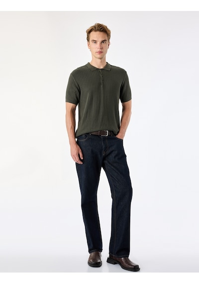 Koton Regular Fit Kısa Kollu Pamuklu Dokulu Düğmeli Polo Yaka Triko Tişört Haki 7wam70044ht