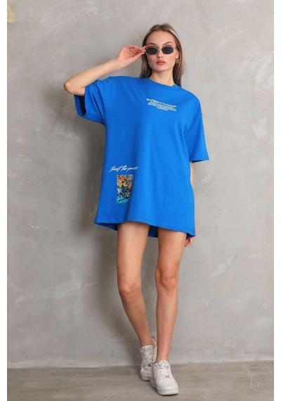 Kadın Bisiklet Yaka Baskılı Oversize T-shirt - Mavi Mavi