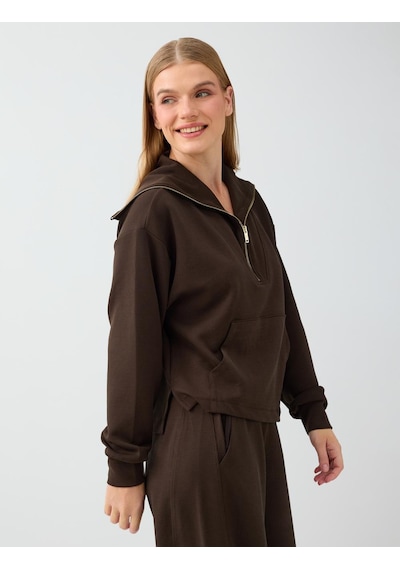 Jimmy Key Kahverengi Dik Yaka Fermuar Detaylı Modal Sweatshirt 6ww238191800