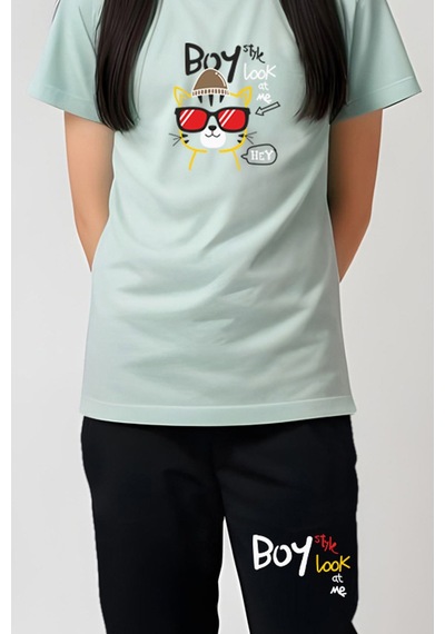 Fyk Kids Kız Çocuk Yuvarlak Yaka Baskılı Boy Cat Alt-üst Pijama Takımı Mint Yeşil Mint Yeşili