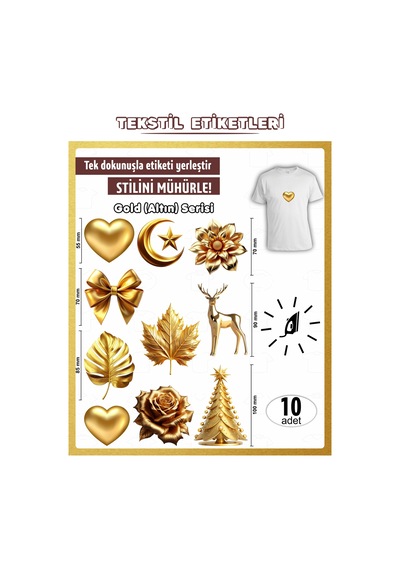 Ütü İle Yapışan Kıyafet Etiketi Gold Altın Serisi 10lu Set Karışık