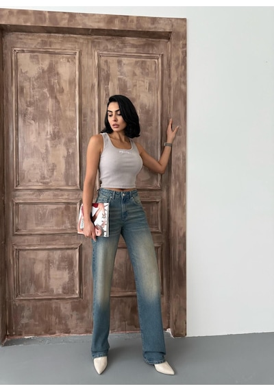Kadın Straight Yüksek Bel Boru Paça Kot Pantolon Mavi Tint Mavi+tint