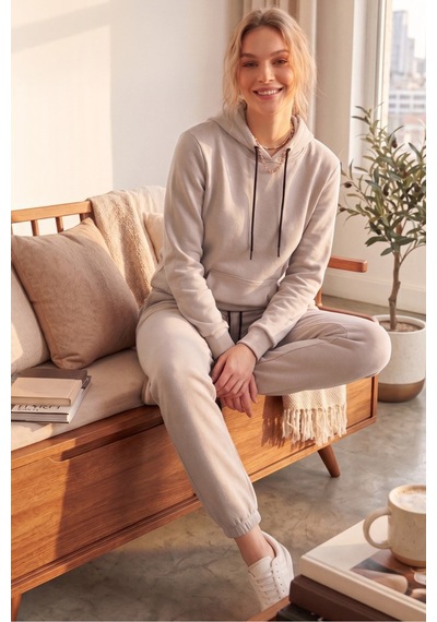 Moibody Kadın 3 İplik Şardonlu Eşofman Takımı Premium Kapüşonlu Sweatshirt Ve Jogger Alt Bej Bej