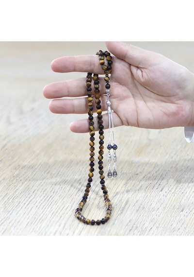 Tesbihname Kaplan Gözü Doğaltaş Namaz Tesbihi - Kararmaz Metal Damla Püsküllü - Kahverengi - Küre Kesim