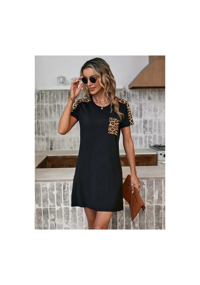 Butik İstanbul Kadın Kısa Kollu Yuvarlak Yaka Cepli Leopar Desen Detaylı Viskon Elbise Siyah Butik İstanbul Kadın Kısa Kollu Yuvarlak Yaka Cepli Leopar Desen Detaylı Viskon Elbise Siyah