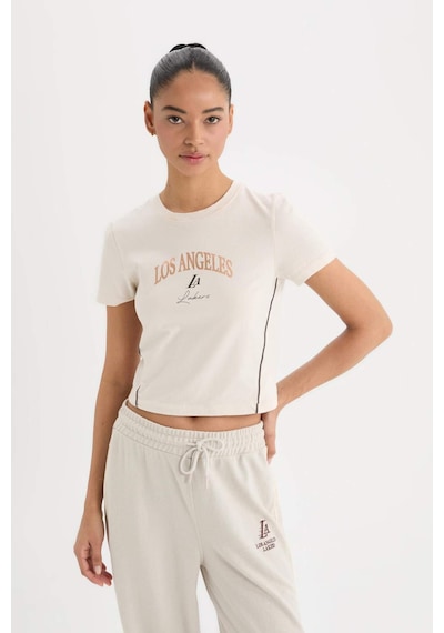 DeFactoFit NBA Los Angeles Lakers Slim Crop Fit Bisiklet Yaka Kısa Kollu Tişört D6122AX25SPER218 Ekru