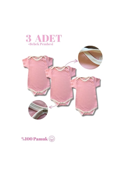 Betül Bebek Kısa Kollu 3'lü %100 Organik Pamuk Çıtçıtlı Bebek Body & Zıbın 3adet Pembe