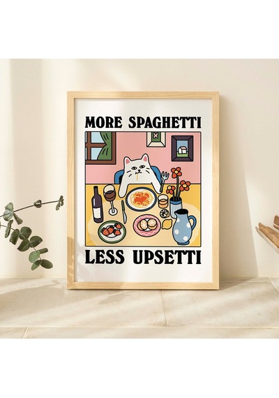 Daha Fazla Spagetti Daha Az Pişmanlık Kedi Baskısı, Retro Lokanta Posteri, Bistro Yemek Makarna Posterleri