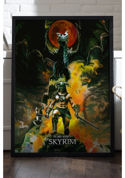 Skyrim Siyah Ahşap Çerçeveli Poster, Dekoratif Oyun Duvar Tablosu