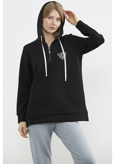Yarım Fermuarlı Kapüşonlu Sweatshirt - Siyah Ekru