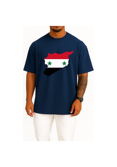 Bahriyeli Collection Oversize Suriye Bayrağı Haritası Göğüs Tasarımlı Unisex T-shirt Lacivert