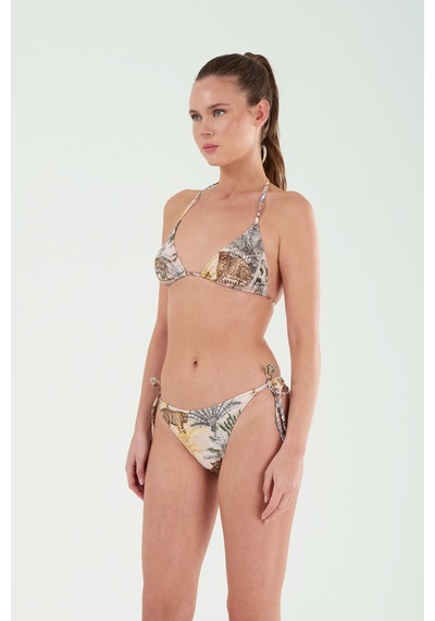 Louren Kadın Ekru Tropikal Desenli Boyundan Bağlamalı Üçgen Bikini Takımı Ekru