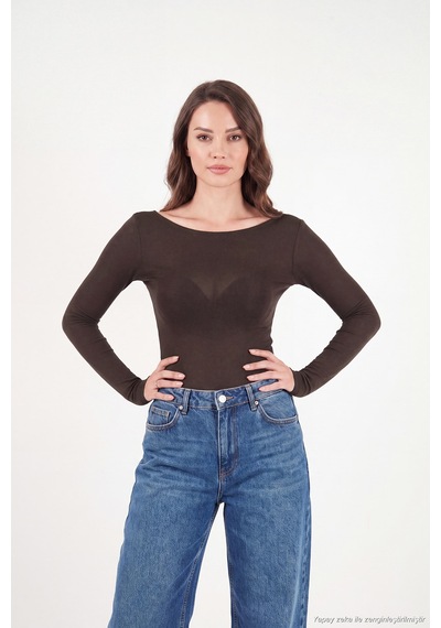Lela Kayık Yaka Transparan Triko Bluz Kadın Bluz 5866879 Kahve