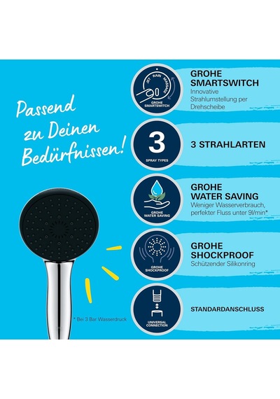 Grohe Vitalio Start 110 El Duşu, 3 Akışlı Masaj, Yağmur &amp Jet , Smartswitch, 110mm Yuvarlak Duş Başlığı, Diğer