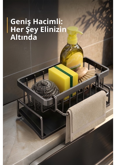 Mutfak Evye Üstü Tezgah Organizer Paslanmaz Metal Süngerlik Sabunluk Bez Askılı Tepsili Düzenleyici Siyah