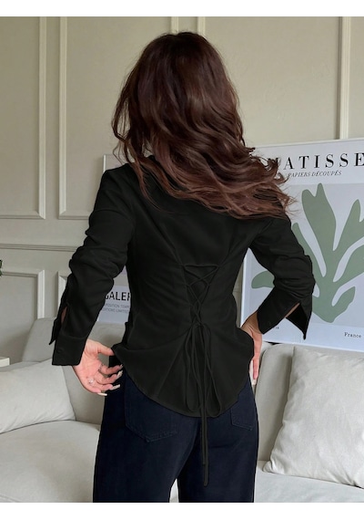 Kadın Arkası Bağcıklı Gömlek Slim Fit Günlük Ve Ofis Kombin Modern Tasarım Siyah