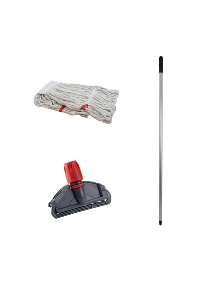 Dar Yedek Islak Mop Takımı - Beyaz 350 Gr. 17 Cm. Islak Mop + Metal Sap + Mop Tutucu