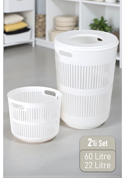 İronika Solara İkili Dekoratif Kirli Çamaşır Sepeti Seti Oyuncak Sepeti 60 - 22 Litre Beyaz Beyaz