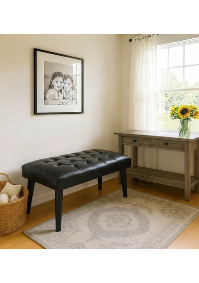 Waterybrook Bench Bank Puf - Suni Deri - Siyah Ahşap Ayaklı - Retro Modern Tasarım & Dekoratif Sehpa Siyah