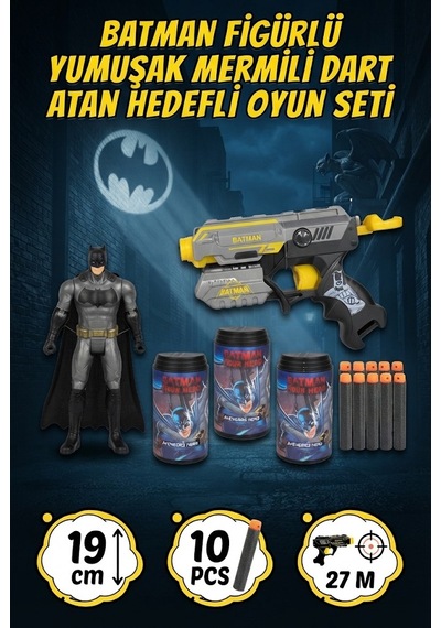 TıfılToys Batman Figürlü 10 Adet Yumuşak Mermili Dart Atan Hedefli Eğlenceli Aksiyon Oyun Seti