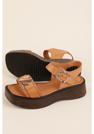 Gondol Hakiki Deri Platform Taban Sandalet Pkr.2401 Taba