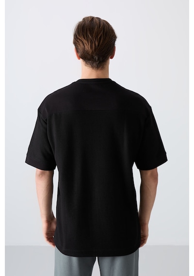 Tommy Life Siyah Pamuklu Kalın Yüzeyi Dokulu Oversize Fit Basic Erkek T-shirt - 88340 Siyah