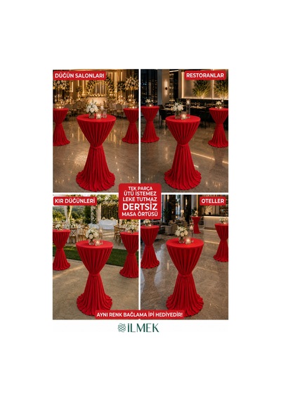 Dertsiz Bağlamalı Bistro Masa Örtüsü - Düğün Davet Organizasyon Otel Restoran Kokteyl Masa Örtüsü Kırmızı Kırmızı