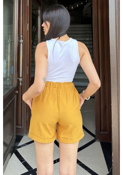 WeShaya Kadın Hardal Beli Lastikli, Cepli, Duble Paça, Kısa Keten Şort Hardal
