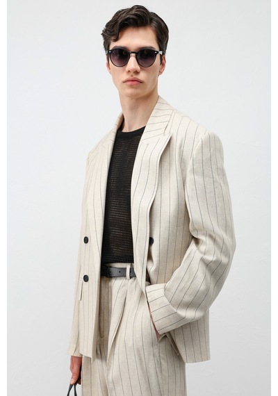 Antioch Keten Karışımlı Çizgili Erkek Blazer Ceket Natur