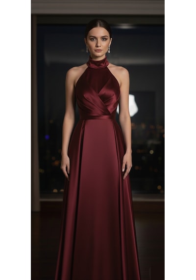 Makbuleofficial Bordo Saten Kumaştan Halter Yakalı Pile Detaylı Abiye Elbise