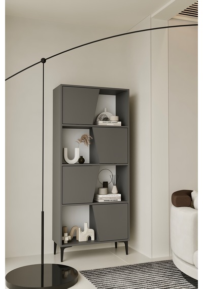 Roma Kitaplık 175 Cm - Vitrin - Gümüşlük 100% Mdf Metal Ayak Gri