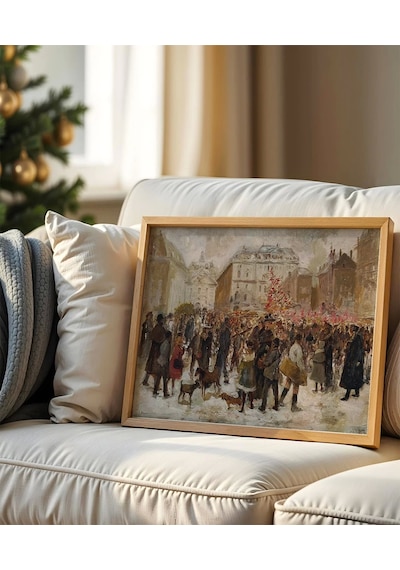 Çerçevesiz Poster Karlı Şehirde İnsanlar