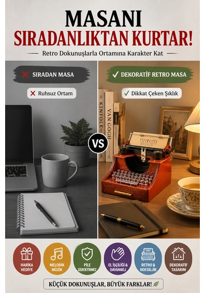Retro Daktilo Müzik Kutusu Kurmalı Dekoratif Masaüstü Hediye Ofis Ev Nostaljik Oyuncak