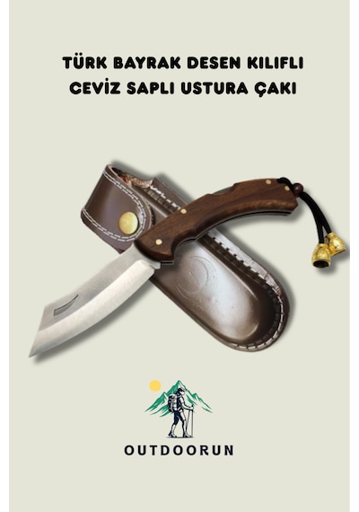 Outdoorun Türk Bayrak Desen Kılıflı Ceviz Saplı Ustura Kamp Çakı 18 Cm Kahverengi