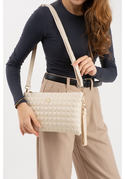 Oldso Kadın Suni Deri Siyah Mozaik Desen Çapraz Ve El Askılı Portföy Clutch Bej