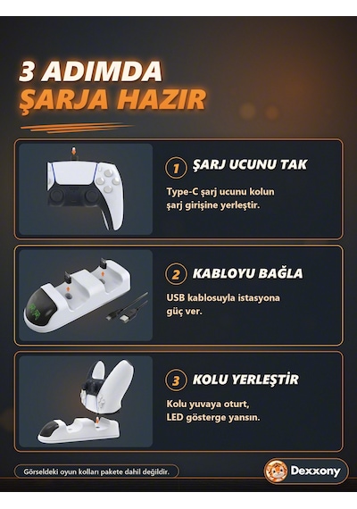 Ps5 Kol Şarj İstasyonu Dualsense Çift Kol Şarj Standı Led Göstergeli Type-c Ps5 Slim Pro Uyumlu