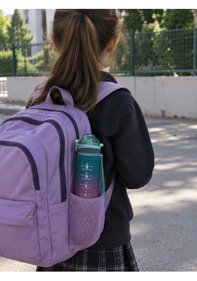 1000 Ml Plastik Motivasyon Matarası Pipetli, Kilitli Ve Taşıma Kulplu Turkuaz - Mor