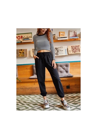Tarzsokak Unisex Siyah Cepli Beli Bağcıklı Basic Eşofman Altı Jogger