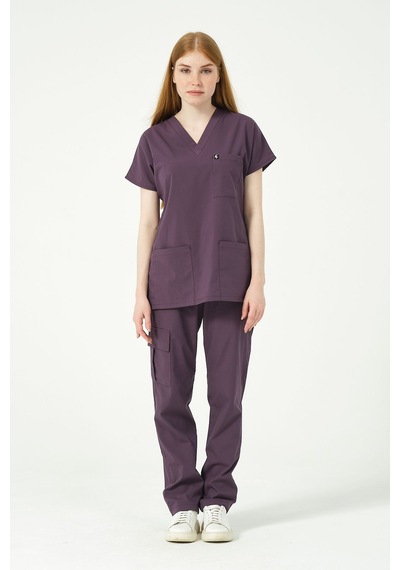 Mürdüm Likralı Scrubs Kargo Cep Doktor Hemşire Forması Yarasa Kol Takım Unisex