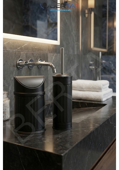 Vintage İkili Banyo Seti Pratik Çöp Kovası 3lt Tuvalet Fırçası Lüks Model - Çöp Poşeti Hediye Siyah